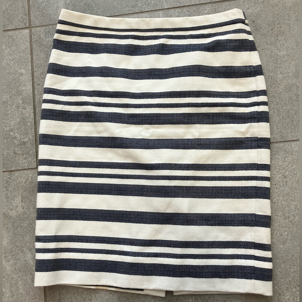 J Crew cream and navy striped pencil skirt